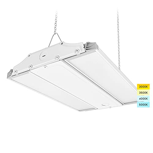 LUXRITE 14 Inch Linear High Bay LED Shop Lights, 80/110/150W Wattage Selectable, Up to 20500LM, 4CCT 3000K-5000K, Adjustable Tilt Hanging Shop Light, 0-10V Dimmable, 120-277V, UL - Warehouse Workshop