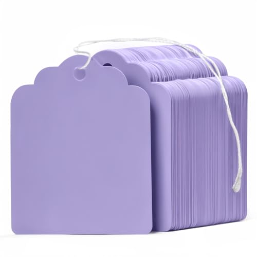 Uniclife 200 Pcs Price Tags with String Attached 1 3/4 Inch Writable Purple Hang Tags String Tag for Pricing Clothing Jewelry Price Display Labels Blank Merchandise Paper Tag, 1 3/4" x 1 3/8" - color: Purple