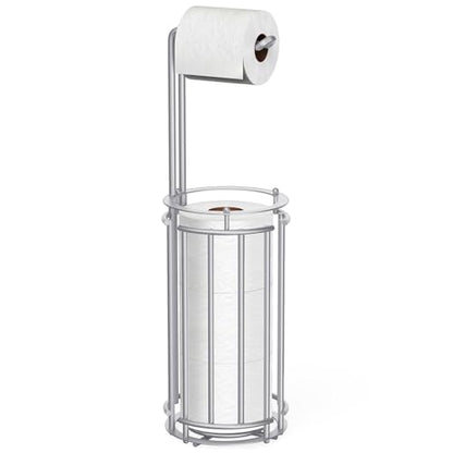 Meangood Toilet Paper Holder Stand and Tissue Paper Roll Dispenser for 4 Mega Rolls, Bathroom Free Standing Tissue Roll Storage Holder Rack, Detachable (Matte Silver) - color: Matte Silver