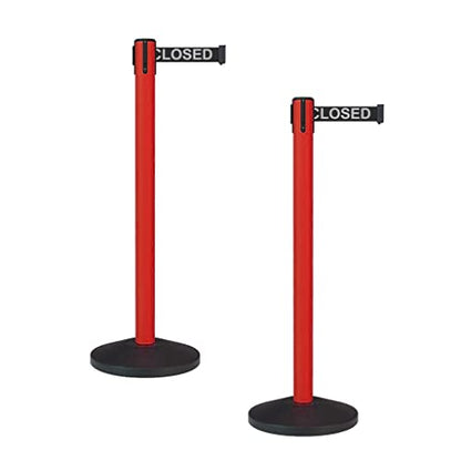 Montour Line MS630 Set of 2 Retractable Belt Barrier Stanchion, Sloped Base, Red Post (7.5 ft Black with"This LINE Closed" White Letters Belt) - color: Black with "THIS LINE CLOSED" White Letters, size: 7.5 ft