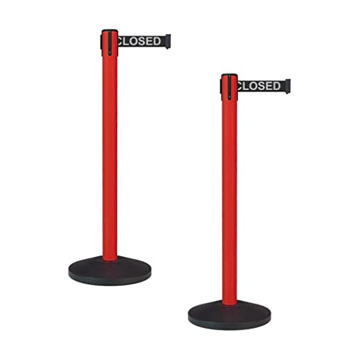 Montour Line MS630 Set of 2 Retractable Belt Barrier Stanchion, Sloped Base, Red Post (7.5 ft Black with"This LINE Closed" White Letters Belt) - color: Black with "THIS LINE CLOSED" White Letters, size: 7.5 ft