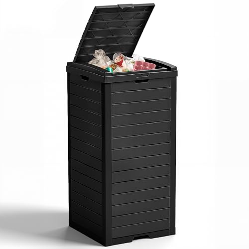 38 Gallon Outdoor Trash Can with Lid, Dual Lid Closure Outdoor Trash Can, Waterproof Resin Garbage Can with Pull-Out Liquid Drawer for Kitchen, Backyard Deck, Patio(Deep Black) - color: Deep Black, size: 16.1*16.3*33.9