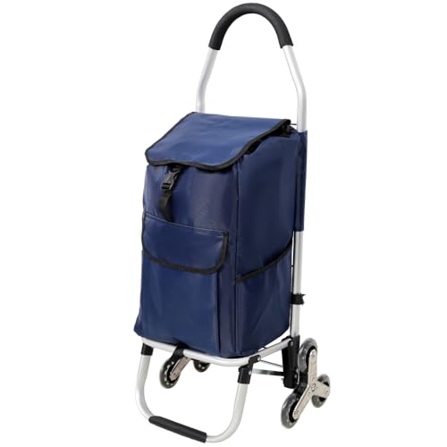 40L Heavy Duty Stair Climbing Collapsible Shopping Cart with Stainless Steel Triangular Wheels, Waterproof Oxford Removable Bag for Groceries, Laundry, Travel, Apartment Use (6 Wheels + Black) - color: 6 Wheels + Blue