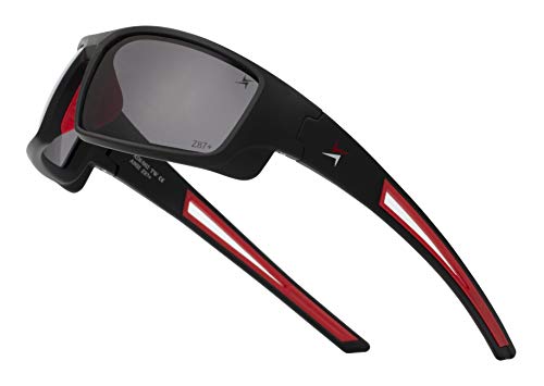 X Power ANSI Z87+ Safety Sunglasses Impact Resistant Polycarbonate Lens & Double Injection Frame - color: 002 Matte Black & Red Frame / Dark Grey Lens