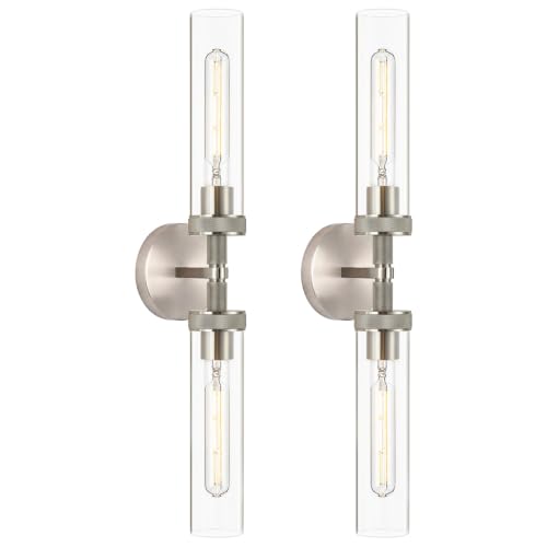 LaLuLa 2-Pack Hardwired Vanity Lights for Bathroom – Brushed Nickel 2-Light Wall Sconces with Knurled Texture and Clear Glass Shades, Modern Chrome Bathroom Light Fixtures Over Mirror, 25 Inch - color: Clear Glass-Nickel, size: 2 Pack