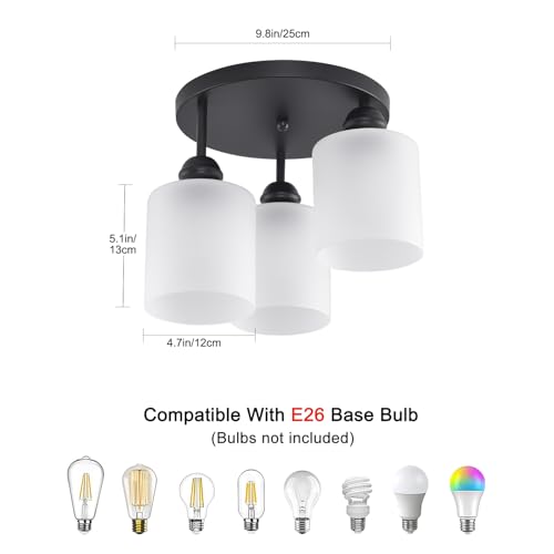 Semi Flush Mount Ceiling Light with Clear Glass Shades,3-Lights Industrial Semi Flush Mount Ceiling Light, 3-Light Industrial Black Light Fixtures Ceiling Mount for Kitchen Living Room Foyer - color: 3-Lights Milk Glass, size: 1 Pack