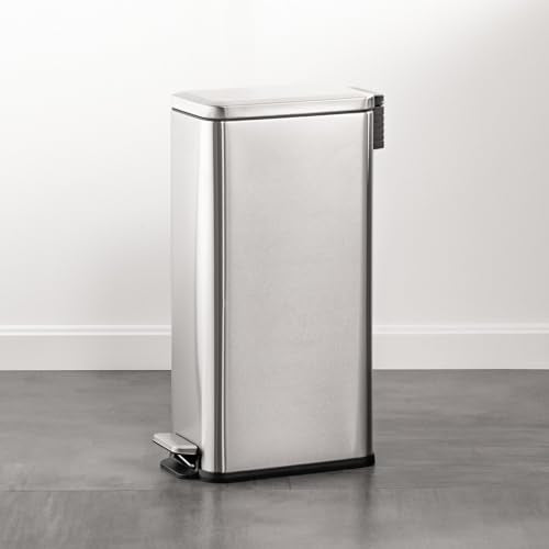 mDesign Slim Metal Rectangle 7.9 Gallon Trash Can with Step Pedal, Easy-Close Lid, Removable Liner - Narrow Wastebasket Garbage Container Bin for Bathroom, Bedroom, Kitchen, Office - Brushed Chrome - color: Brushed, size: 7.9 Gallon