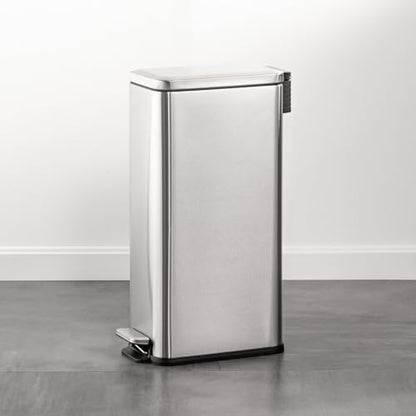 mDesign Slim Metal Rectangle 7.9 Gallon Trash Can with Step Pedal, Easy-Close Lid, Removable Liner - Narrow Wastebasket Garbage Container Bin for Bathroom, Bedroom, Kitchen, Office - Brushed Chrome - color: Brushed, size: 7.9 Gallon