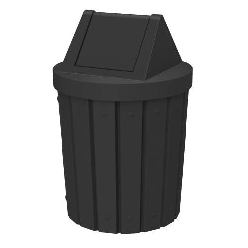 Commercial Trash Can Swing Top Lid - Outdoor Garbage Can - color: Black, size: 42 Gallon Slatted Round