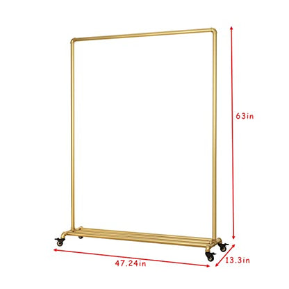 Industrial Gold Clothing Racks on Wheels, Boutique Display Gold Clothes Rack with Shelf, Rolling Garment Rack for Retail Use - style: pipe-3rod