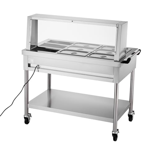 VEVOR 9-Pan Commercial Food Warmer, 9 x 1/3 Pans Electric Steam Table, 1500W Professional Buffet Catering Food Warmer with Shield Undershelf Wheels, Stainless Steel Server for Party Restaurant - size: 9-Pan