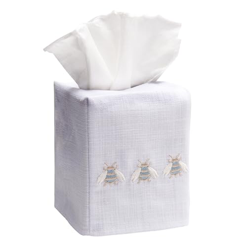 Jacaranda Living Square Tissue Box Cover, Linen/Cotton Fabric Tissue Holder, Decorative Cloth Tissue Cube Cover, Embroidered Bee Designs, Three Napoleon Bees (Duck Egg Blue) - color: Three Napoleon Bees (Duck Egg Blue)