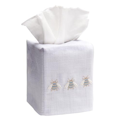 Jacaranda Living Square Tissue Box Cover, Linen/Cotton Fabric Tissue Holder, Decorative Cloth Tissue Cube Cover, Embroidered Bee Designs, Three Napoleon Bees (Duck Egg Blue) - color: Three Napoleon Bees (Duck Egg Blue)