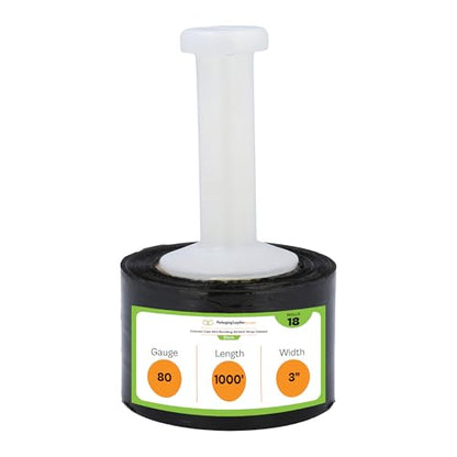 PSBM Dark Black Mini Stretch Wrap with Plastic Handle, 18 Rolls 3 Inch x 1000 Feet 80 Gauge, Heavy Duty Plastic Wrap Industrial Strength Shrink Film for Moving, Packing & Shipping - color: Black, size: 3 Inch