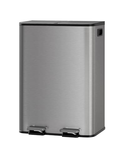 Large Stainless Steel Dual Compartment Recycling Trash Can 2 * 30 l/16 Gal Recycle Bins with Lid Waste Bin with Removable Buckets, Bathroom,Kitchen Garbage Can Rectangle Garbage Bin,Gray - color: gray, size: 2*30L