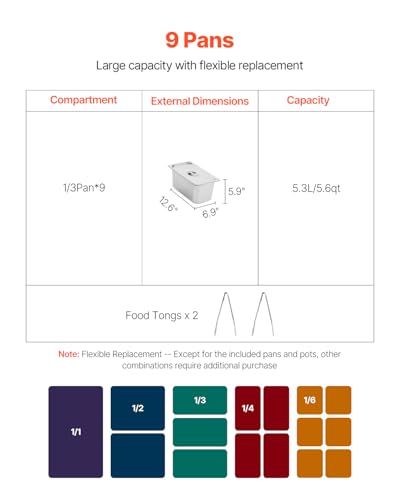 VEVOR 9-Pan Commercial Food Warmer, 9 x 1/3 Pans Electric Steam Table, 1500W Professional Buffet Catering Food Warmer with Shield Undershelf Wheels, Stainless Steel Server for Party Restaurant - size: 9-Pan
