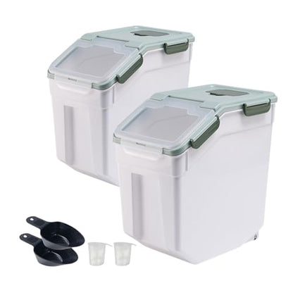 Rice Storage Container 25 lbs, 2 Packs Large Flour Storage Containers with Seal Locking Lid & Wheels, BPA Free Rice Dispenser, Measuring Cup | Scoop, for Sugar Cereal Dry Food -Green - color: 2Pcs 25LB Green