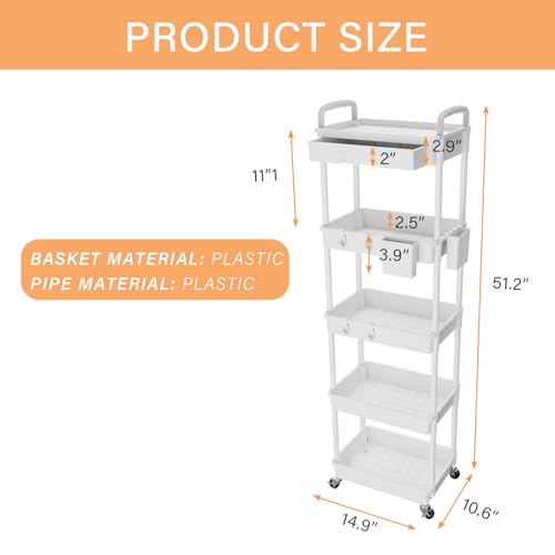 5 Tier Rolling Utility Cart with Drawer,REBECAT Utility Cart Made of Multifunctional Storage Organizer Tool for Kitchen,Bathroom,Living Room,Office(White) - color: White