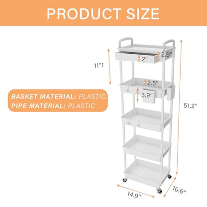 5 Tier Rolling Utility Cart with Drawer,REBECAT Utility Cart Made of Multifunctional Storage Organizer Tool for Kitchen,Bathroom,Living Room,Office(White) - color: White