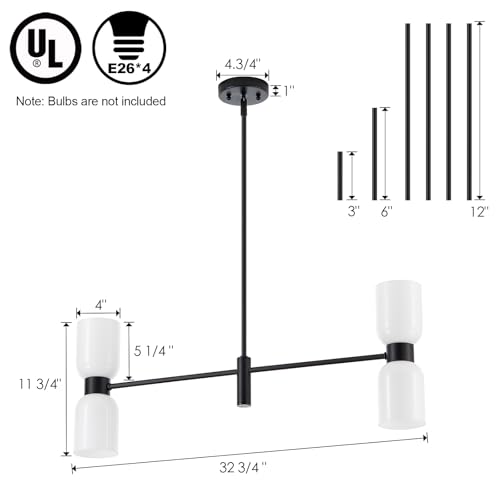 Modern Linear Chandelier for Kitchen Island, Black Island Light Fixtures with White Glass Shade, 4-Light Linear Pendant Light Fixture for Dining Room - color: Black