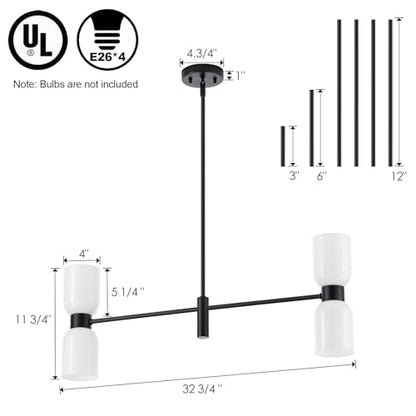 Modern Linear Chandelier for Kitchen Island, Black Island Light Fixtures with White Glass Shade, 4-Light Linear Pendant Light Fixture for Dining Room - color: Black