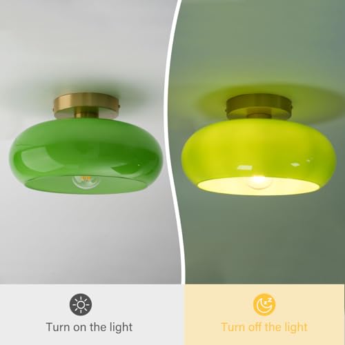Green Ceiling Light - Mid Century Modern Flush Ceiling Light with Milk Glass Globe and Dark Green Lamp Shade in Brushed Brass Close to Lamp for Dining Room Hallway Kitchen Island - color: Flush-Green