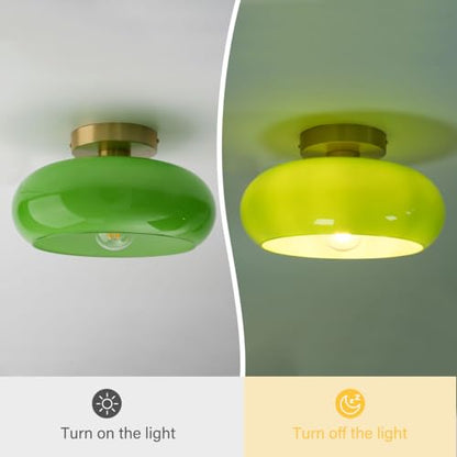 Green Ceiling Light - Mid Century Modern Flush Ceiling Light with Milk Glass Globe and Dark Green Lamp Shade in Brushed Brass Close to Lamp for Dining Room Hallway Kitchen Island - color: Flush-Green