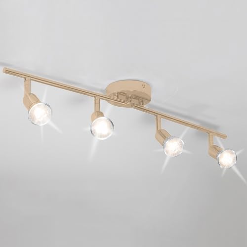 Qcyuui Modern 4-Light Track Lighting Kit, Flush Mount Gold Finish Ceiling Spot Lights Fixture, LED Track Light with Gold Flexibly Rotatable Light Head for Kitchen, Living Room, 4GU10 Bulb (Included) - color: Gold