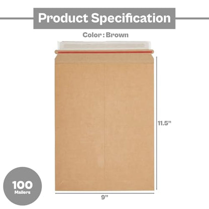 PSBM 100 PCS 9 x 11.5 Inch Kraft Rigid Photo Mailers, Cardboard Shipping Envelopes, Mailers for Shipping Photos, CDs, Documents, Catalogue, Or any Flat Object