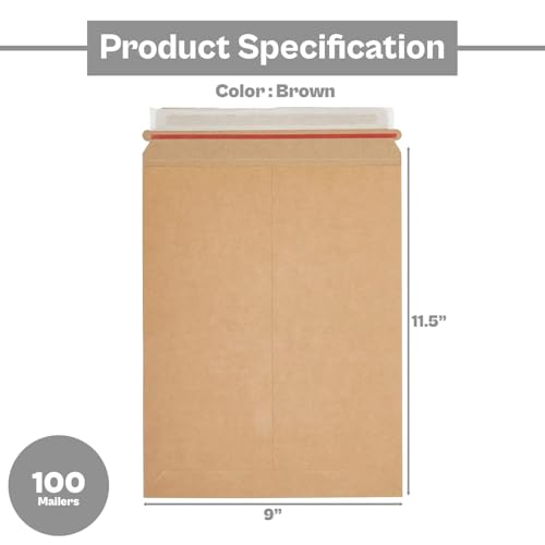 PSBM 100 PCS 9 x 11.5 Inch Kraft Rigid Photo Mailers, Cardboard Shipping Envelopes, Mailers for Shipping Photos, CDs, Documents, Catalogue, Or Any Flat Object