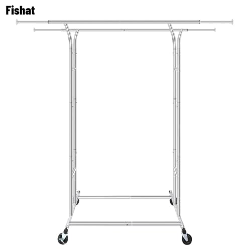 Fishat Silver 60" H Heavy Duty Double Rod Rolling Garment Clothes Rack - color: Chrome