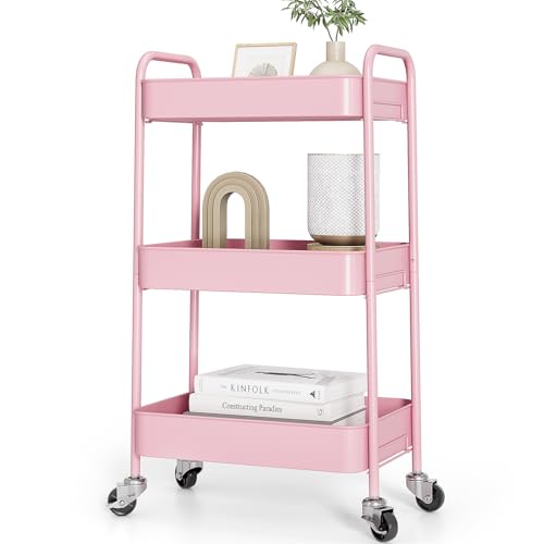 TOOLF 3 Tier Metal Rolling Cart, Utility Storage Cart with Wheels, Pink - color: Pink, size: 3-Tier