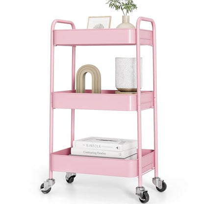 TOOLF 3 Tier Metal Rolling Cart, Utility Storage Cart with Wheels, Pink - color: Pink, size: 3-Tier
