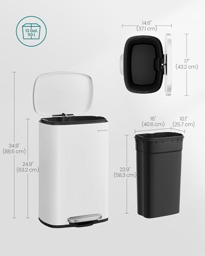 SONGMICS 13 Gallon (50 L) Trash Can, Stainless Steel, Step-On Pedal - color: White, size: 13 Gal.