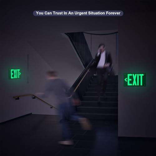 Photoluminescent Exit Sign Aluminum - Adhesive Backing Glow In The Dark - Removable Arrows Included - Pre-drilled Holes - 12x7 Inches - Non Electrical Green Exit Light For 50 Feet Visibility (1 Pack) - color: Green 1 PCS With Pre-drilled Holes