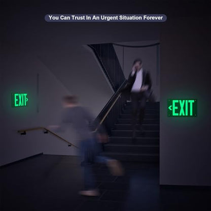 Photoluminescent Exit Sign Aluminum - Adhesive Backing Glow In The Dark - Removable Arrows Included - Pre-drilled Holes - 12x7 Inches - Non Electrical Green Exit Light For 50 Feet Visibility (1 Pack) - color: Green 1 PCS With Pre-drilled Holes