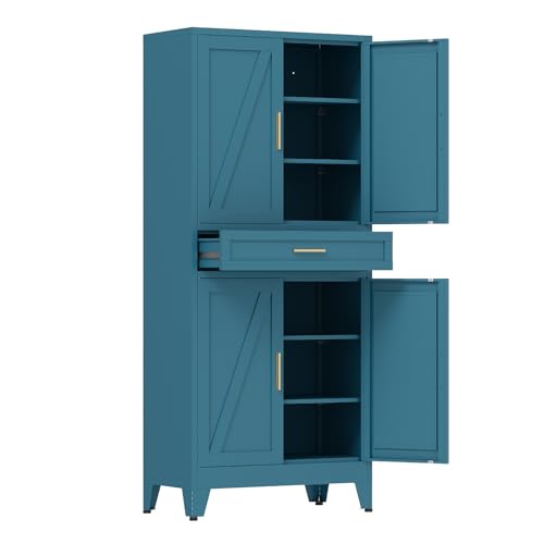 COFaR 71'' Tall Metal Pantry Cabinet with Drawer, Kitchen Storage Cabinet with 4 Doors and Shelves, Freestanding Farmhouse Food Cupboard for Kitchen Dinning Room Garage, Peacock Blue 6-Tier - color: Peacock Blue, size: 15.75''D × 31.5''W × 70.87''H-S07