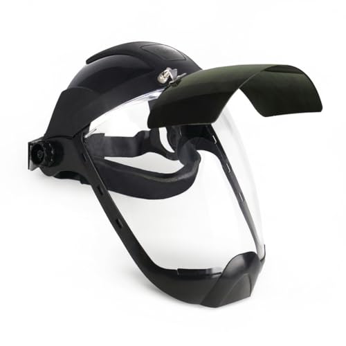 Sellstrom DP4 Face Shield - Lightweight Mask with High Impact Crown & Ratchet Headgear for Work, Grinding, Plasma/Flame Cutting - ANSI Z87.1 - Clear Anti Fog Polycarbonate Window - UV/IR Flip Up Visor - style: Shade 5 Infrared Visor W/ Chinguard