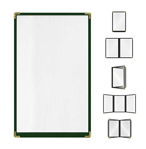Goodsmart Restaurant Menu Covers – 25 Pack Green 2-View, Top-Loading Menu Holders, Vinyl & Plastic Café Menu Covers, Clear Menu Sleeves, Fits 8.5" x 14", Leather-Style Design, Gold Corners - color: Green, size: 1 Page / 2 Views - 8.5" x 14"