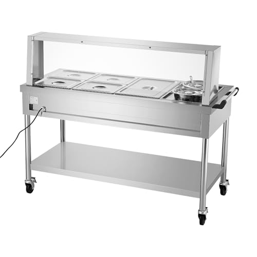VEVOR Commercial Food Warmer, 5 Pans + 2 Pots Electric Steam Table, 1800W Professional Buffet Catering Food Warmer with Shield Undershelf Wheels, Stainless Steel Server for Party Restaurant Hotel - size: 5 Pans + 2 Pots