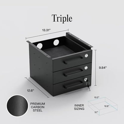 Under Desk Drawer Slide-Out - Lockable Metal Storage Drawers with Cable Management for Office & Home (Triple, Non-Bracketed) - size: Triple