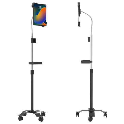 CTA Digital Mobile Floor Stand Compact, Adjustable Gooseneck Floor Stand with Handle & Swivel Casters For iPad Gen 7-10, iPad Air 4, 12.9”, Surface Pro, Zebra Tablets, & Other 7-13” Tablets (PAD-CGSH)