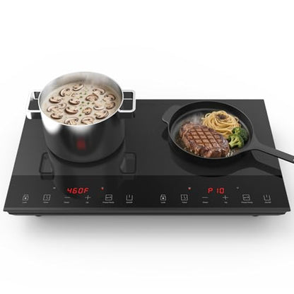 Double Induction Cooktop, Nuopuplai Induction Cooker 2 Countertop Burners, Independent Control With 1800W Sensor Touch,10 Temperature & Power Levels,3-hour Timer,Safety Lock For Cooking