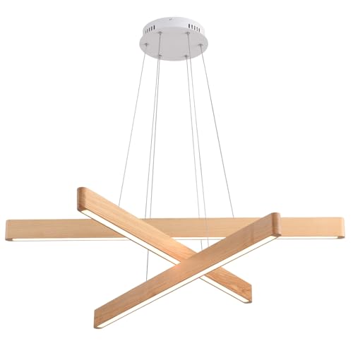 3-Light Solid Wood Natural Linear Pendant Light Modern LED Pendant Light Dimmable Chandelier for Dining Room Table Kitchen Island Living Room Ceiling - 45W Warm Light Adjustable Hanging Fixture - color: Natural, size: 39-3in