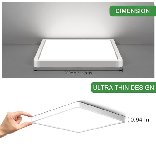LightingWill 12Inch 24W Square LED Flush Mount Ceiling Light, 5000K Daylight White LED Ceiling Lamp, Surface Mount Modern Ceiling Light Fixture for Bedroom, Kitchen, Bathroom, Hallway, Laundry Room - color: Daylight White, size: 12 inch White