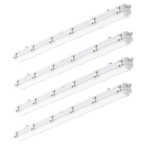 TIERONE 4ft LED Vapor Tight Light 50W Outdoor Shop Light IP65 Waterproof 0-10V Dimmable Integrated LED White Strip Lighting Fixture for Warehouses Car Washes 5000K 100-277V 6000LM ETL Listed 4 Pack