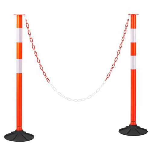VEVOR 2 Pack Traffic Delineator Posts, 34 in Traffic Safety Cones with Weighted Base, Reflective Strips and Chain, Heavy Duty Delineator Posts for Construction Site, Parking Lot, Crowd Control, Red - size: 2 Pack