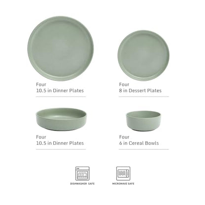 Gibson Elite Pasco 16 Piece (Service for 4) Plates and Bowls Double Bowl Reactive Glaze Dishes Stoneware Ceramic Dinnerware Set - Green - color: Green (Pasco)