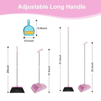 Pink Broom and Dustpan Combo Set, 51" Long Handle Broom with Mini Set - color: Pink, size: Normal
