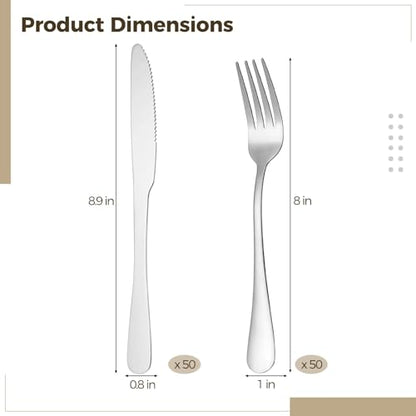 100 Pcs Silverware Set - Includes 50 Forks and 50 Knives - Stainless Steel Forks and Knives Flatware Tableware Cutlery Set for Wedding Dinner Party Restaurant Holiday Party